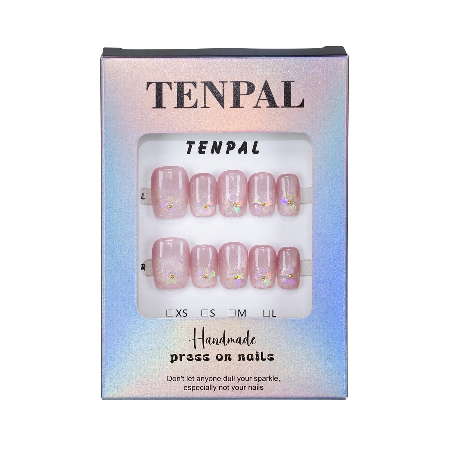 TENPAL Short Square Round Press On Nails handmade,Pink Gradient Cat Eye nails with Cherry Blossom Decor,Glitter Sweet Cute False nails, Reusable Fake Nails for Girls Daily Office, Easy Apply 10pcs M