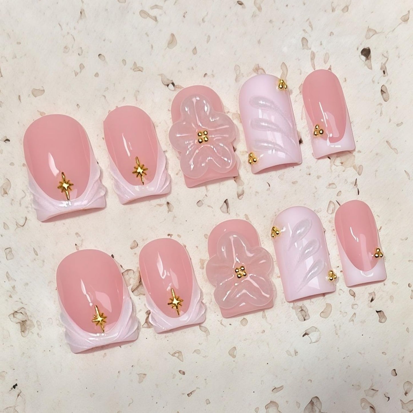 Pink Flower Press on Nails Handmade Press on Nails Short Duck Muti-Layer Gel Acrylic Nails with Design Thick White French Tip False Nail Full Cover Acrylic Stick on Nail for Women (M)