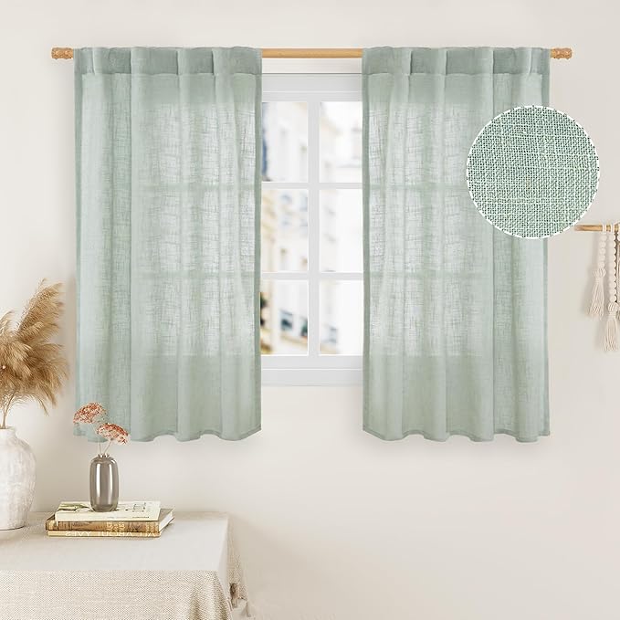 LAMIT 48 Inch Short Window Linen Curtains, Light Filtering Panels Back Tab and Rod Pocket Neutral Drapes for Cafe/Bathroom/Loft Room, Light Sage, 2 Panels, 34 x 48 Inch