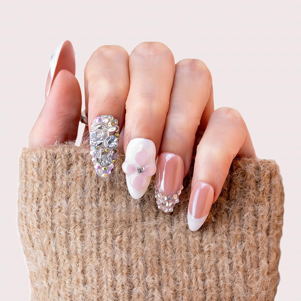 IntoVibes 10 Pieces Handmade Press On Nails Medium Almond, White Thickened False French Nails, Rhinestone And Flower, Reusable Fake Nails Almond, Reusable Acrylic Nails (M)