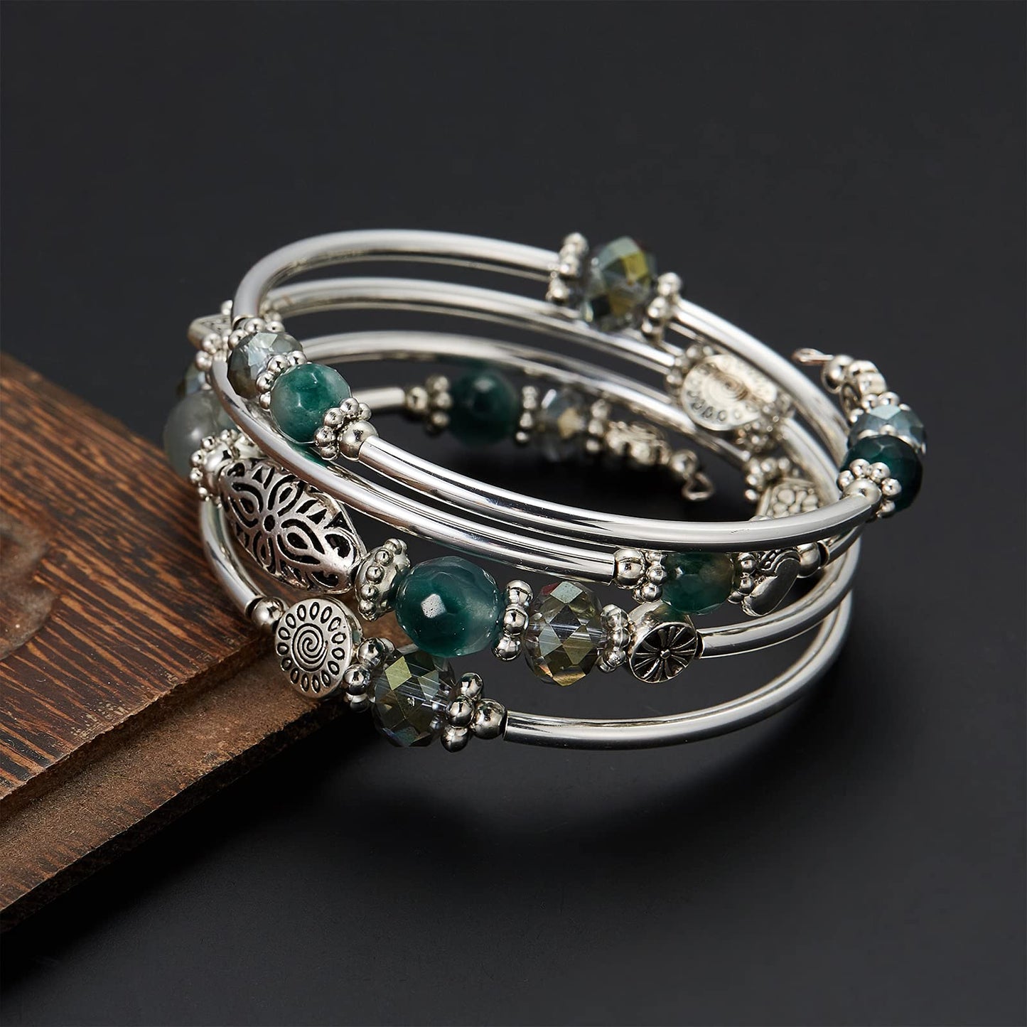 FULU AUTUMN Stackable Beaded Bracelet for Women Boho Wrap Silver Bracelet Layered Fashion Jewelry Gift (Green)
