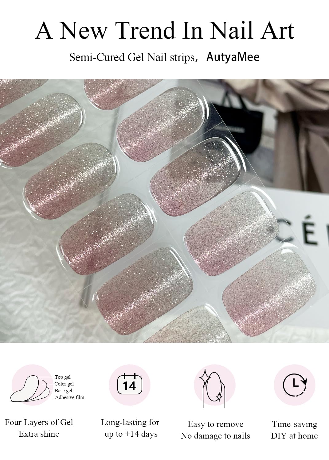 AutyaMee Semi Cured Gel Nail Strips (Pink Omber Cat Eye), Nude Gradient, 20 Pcs Gel Nail Wraps, Stickers, UV Light Required, Salon Quality, Long Lasting