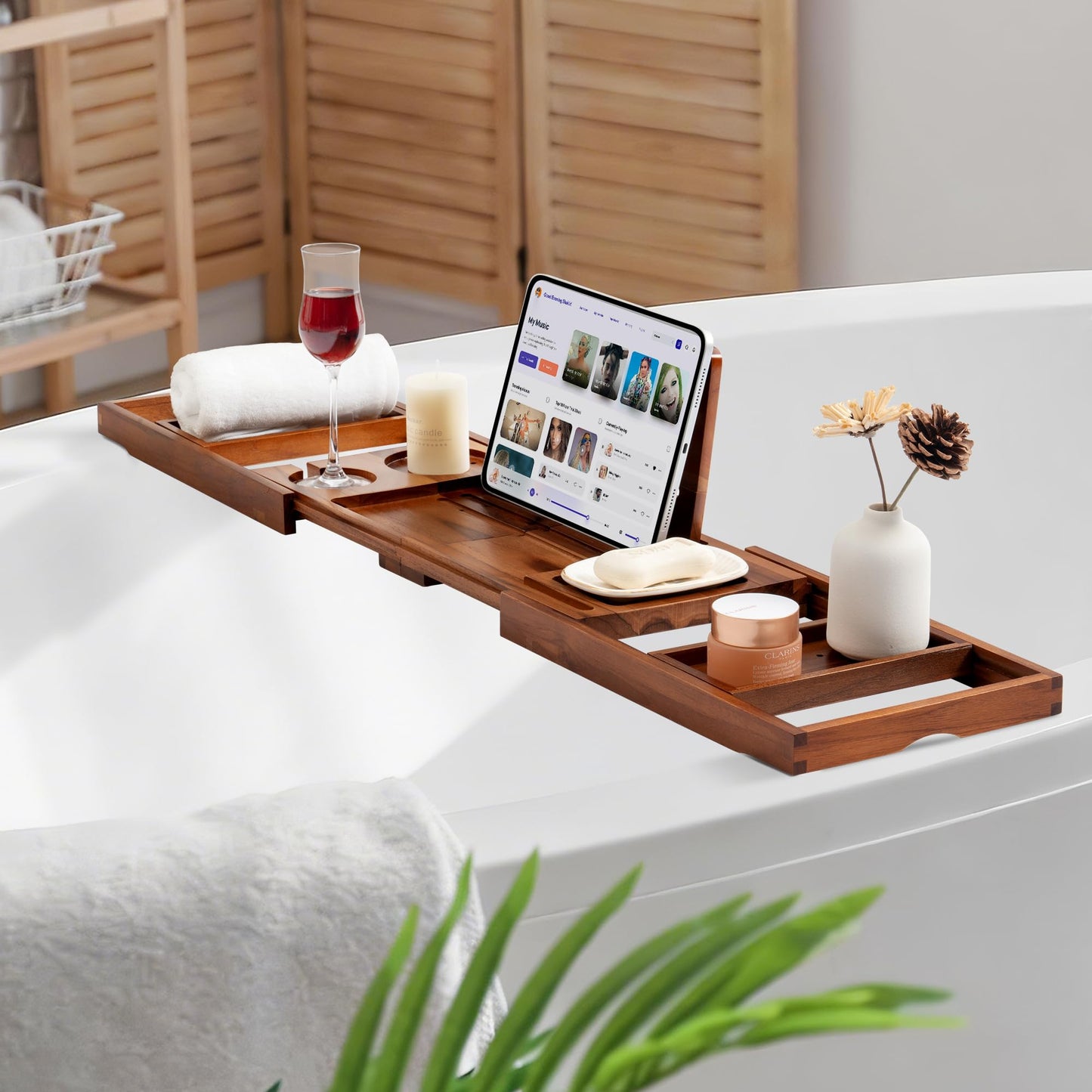 Teak Bathtub Tray for Tub, Expandable Bath Tray 28–40in, Foldable Bathtub Caddy with Wine Glass Holder, Phone & Book Stand, Wooden Bath Tray Organizer, Luxury Bathroom Accessories Gift - Light Walnut