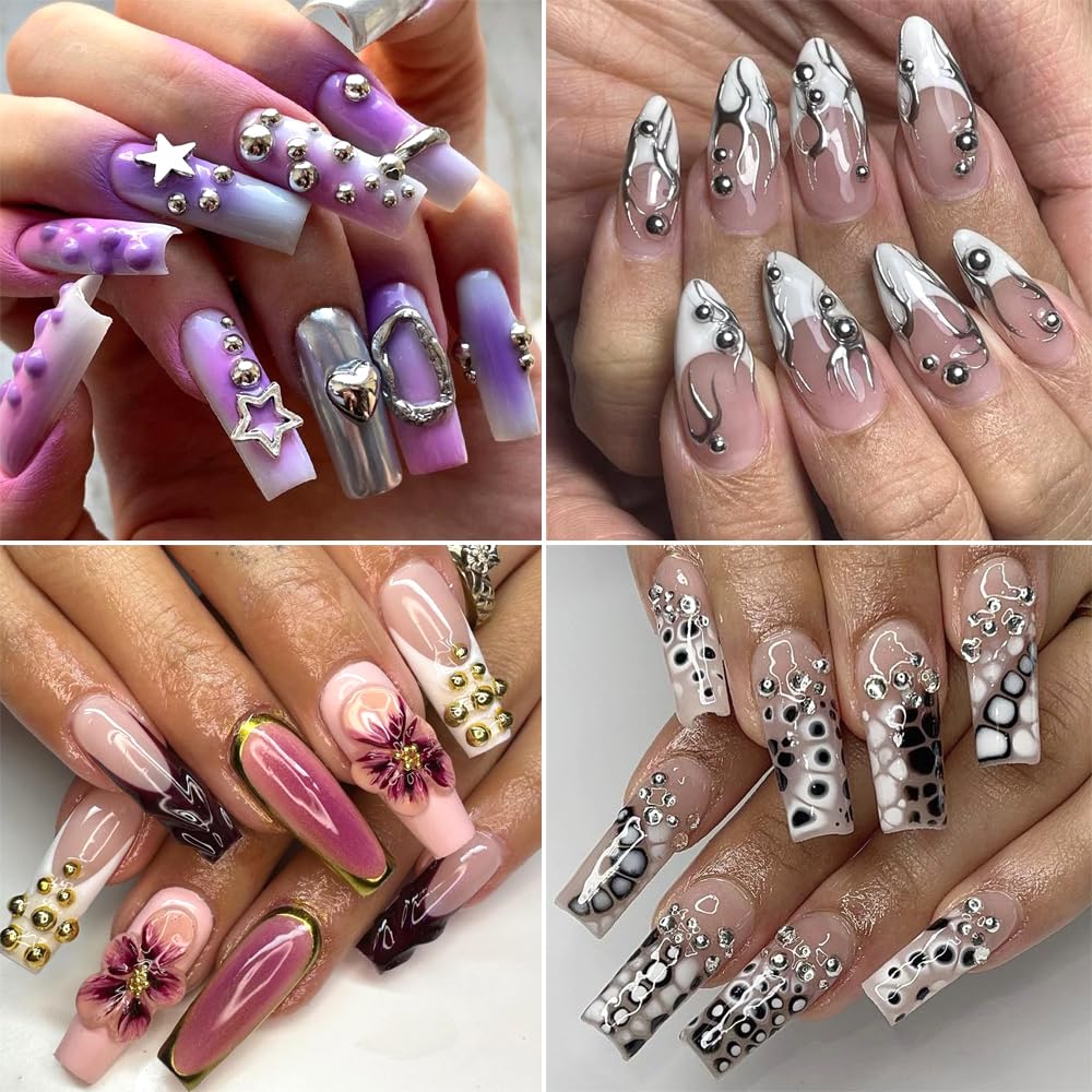 4 Boxes Mixed Sizes Flat Back Steel Beads 3D Nail Charms Kit, Gold Silver Rose Gold Black Half Round Metal Caviar Beads Balls with Pickup Tweezers Manicure DIY Crafts Decorations