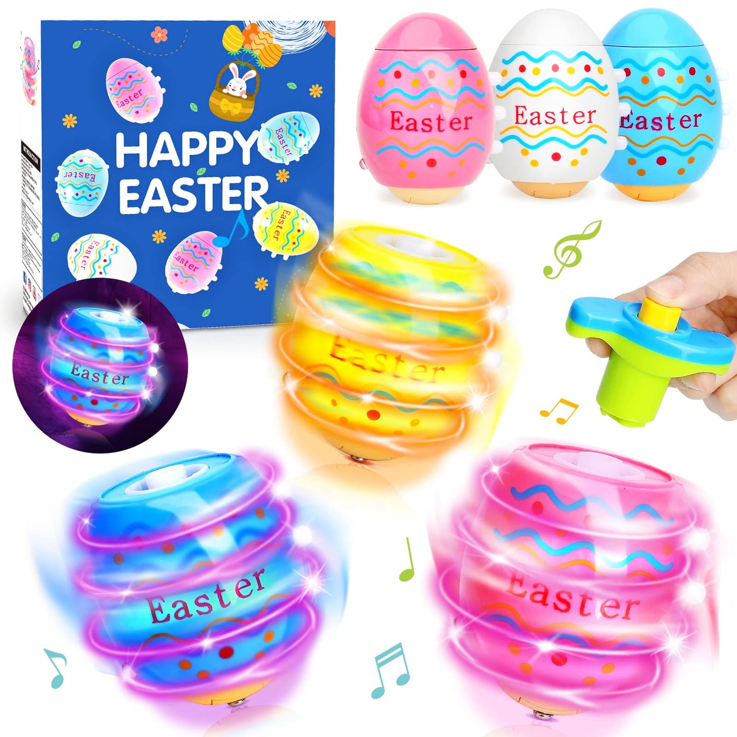 Light Up Easter Egg Toy Gifts for Kids, 6 Pack Easter Egg Spinning Tops with Flash & Music, Egg Fillers Essentials for Children, Glow in The Dark Hunt Prizes Goodie Bag Toys Party Favors