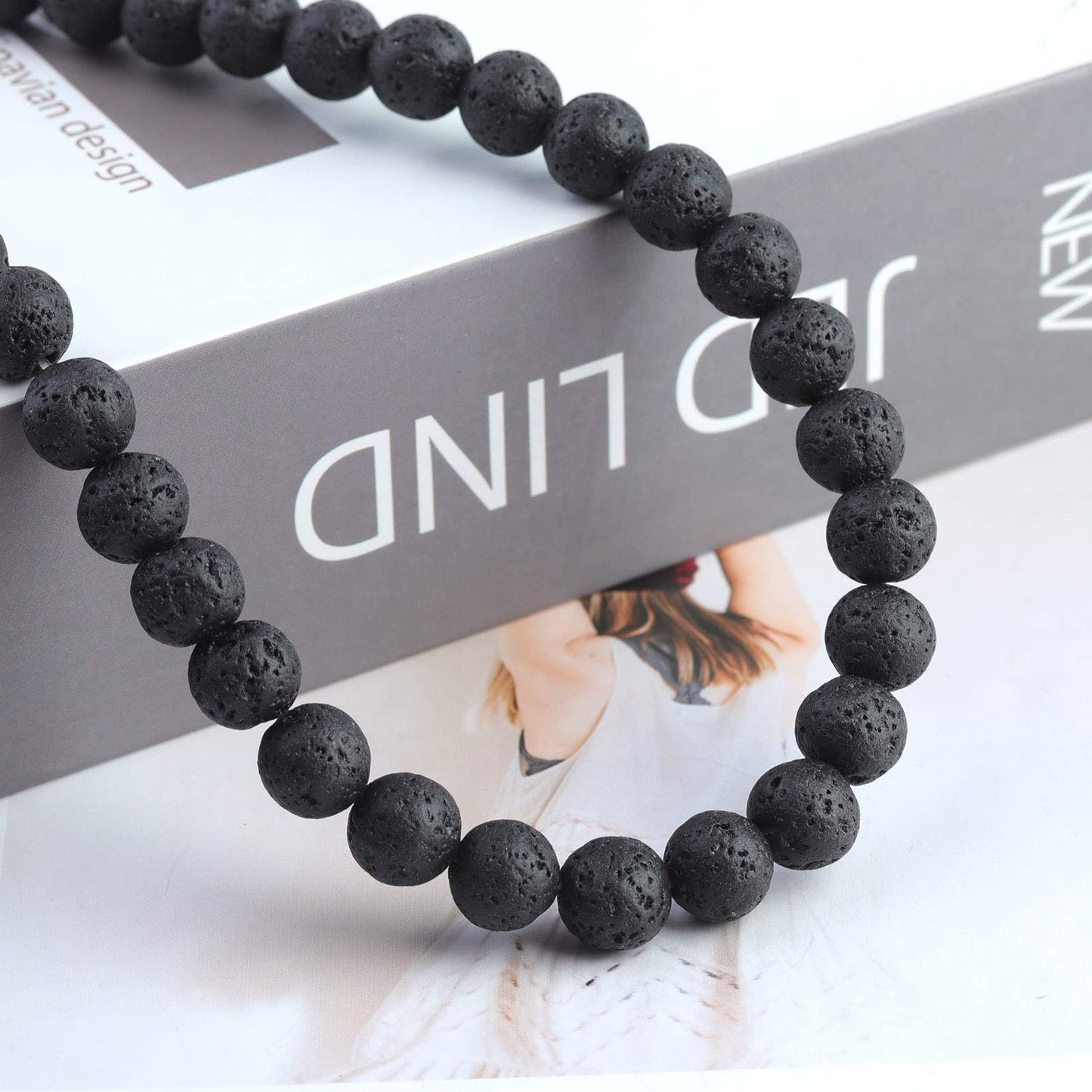 Filluck Natural Stone Beads 8mm Black Lava Polished Round Smooth Gemstone Beads for Jewelry Making 15 Inch(Black Lava,8mm)