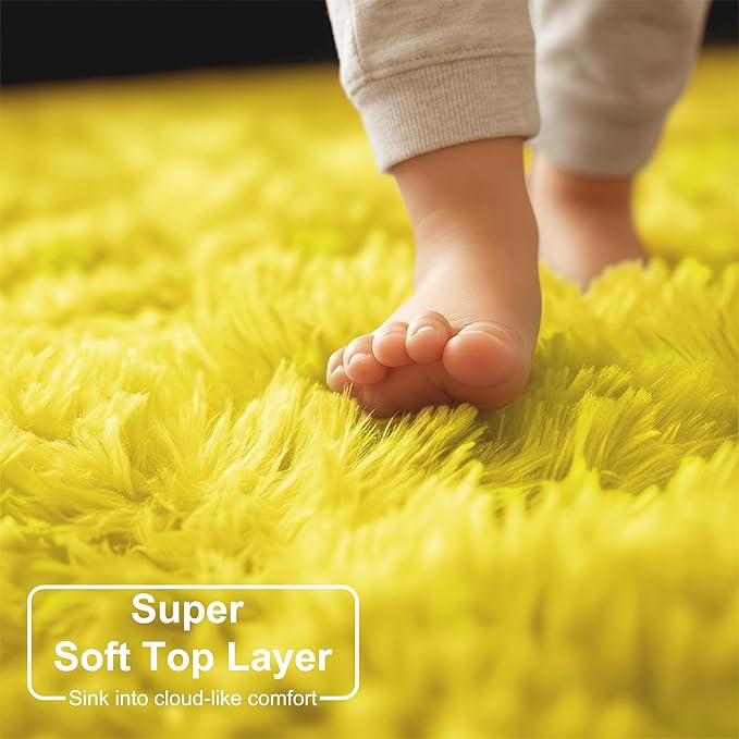 Amdrebio Yellow Round Circle Area Rug 4Ft for Bedroom Living Room, Fluffy Fuzzy Plush Rugs for Kids Room Decor Aesthetic, Cute Furry Shag Kawaii Circular Carpet for Classroom Nursery Dorm Toddler Baby