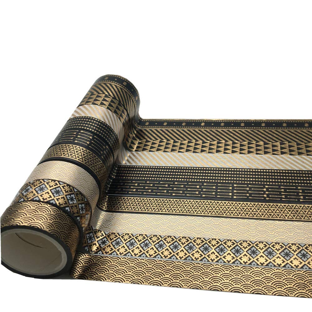 VIVIQUEN Gold Washi Tape Set 15MM Foil Skinny Masking Tape Decorative Pack for DIY Scrapbooking, Crafts, Gift Wrapping, Holiday Decoration (Black Basic Pattern 10 Rolls)