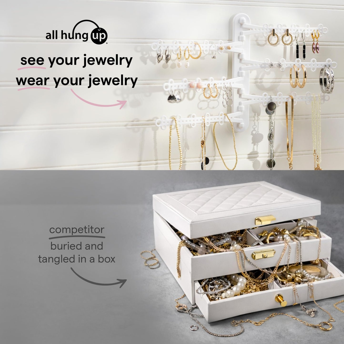 All Hung Up 6-Tier 6" Wall Jewelry Organizer, Command Strips included for Easy Hanging, 120 Hole Earring Organizer, Necklace Organizer, Bracelet Holder, Ring Holder, Rotating Branches (White 6-TIer)
