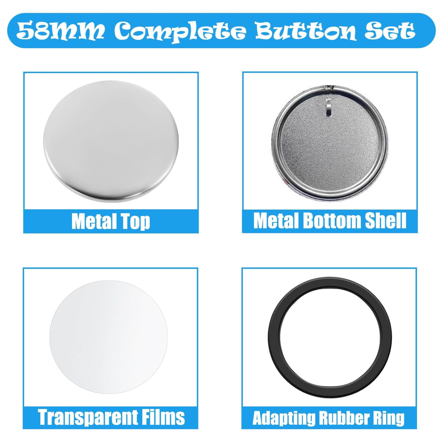 Rntfunre 200 PCS 58mm/2.25 inch Button Maker Keychains Supplies, Metal Badge Sets with Metal Shell Back Cover, Transparent Film and Chain Head