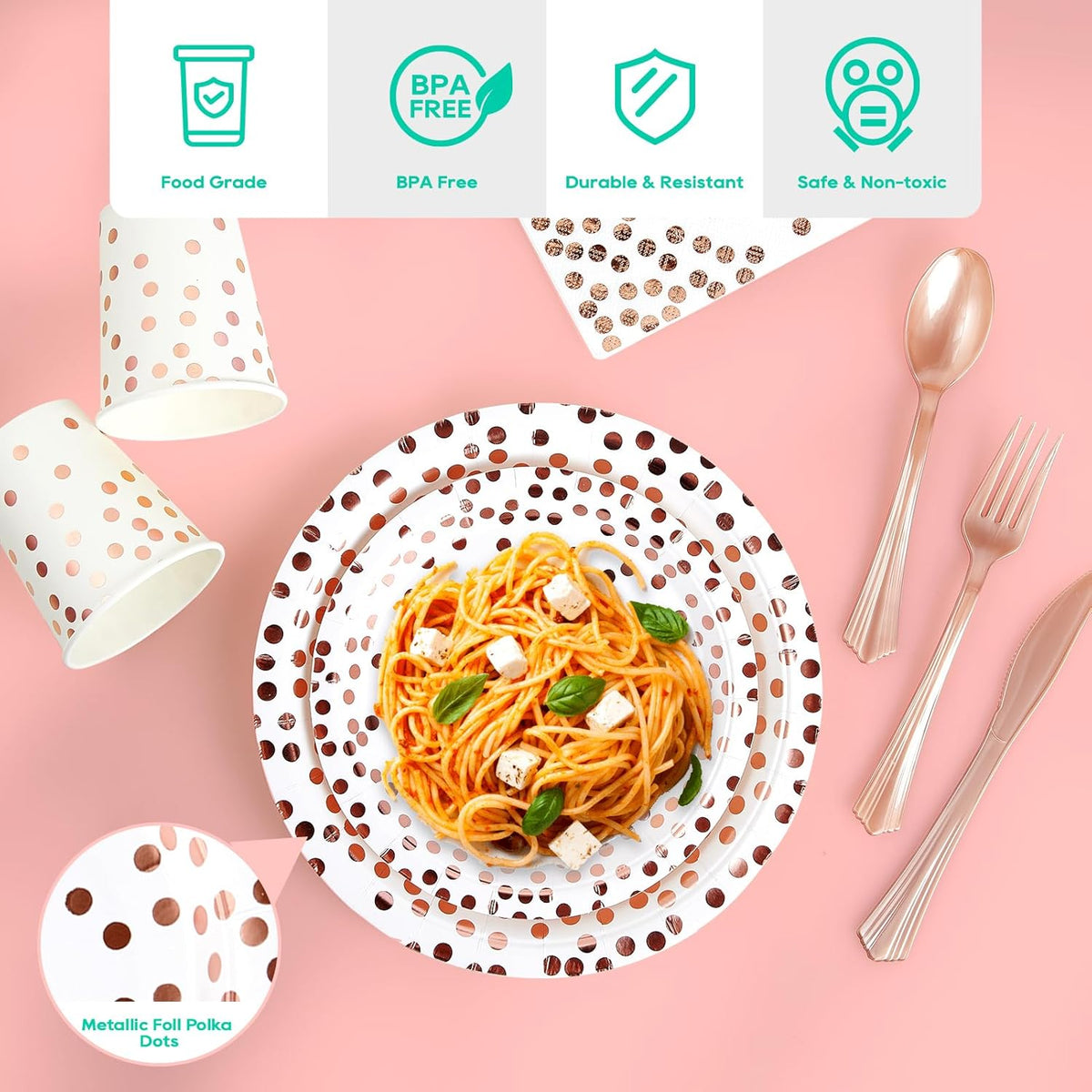 White and Rose Gold Party Supplies - 350 PCS Disposable Dinnerware Set - White Paper Plates Napkins Cups, Gold Plastic Forks Knives Spoon for Graduation, Birthday, Thanksgiving, Cocktail Party