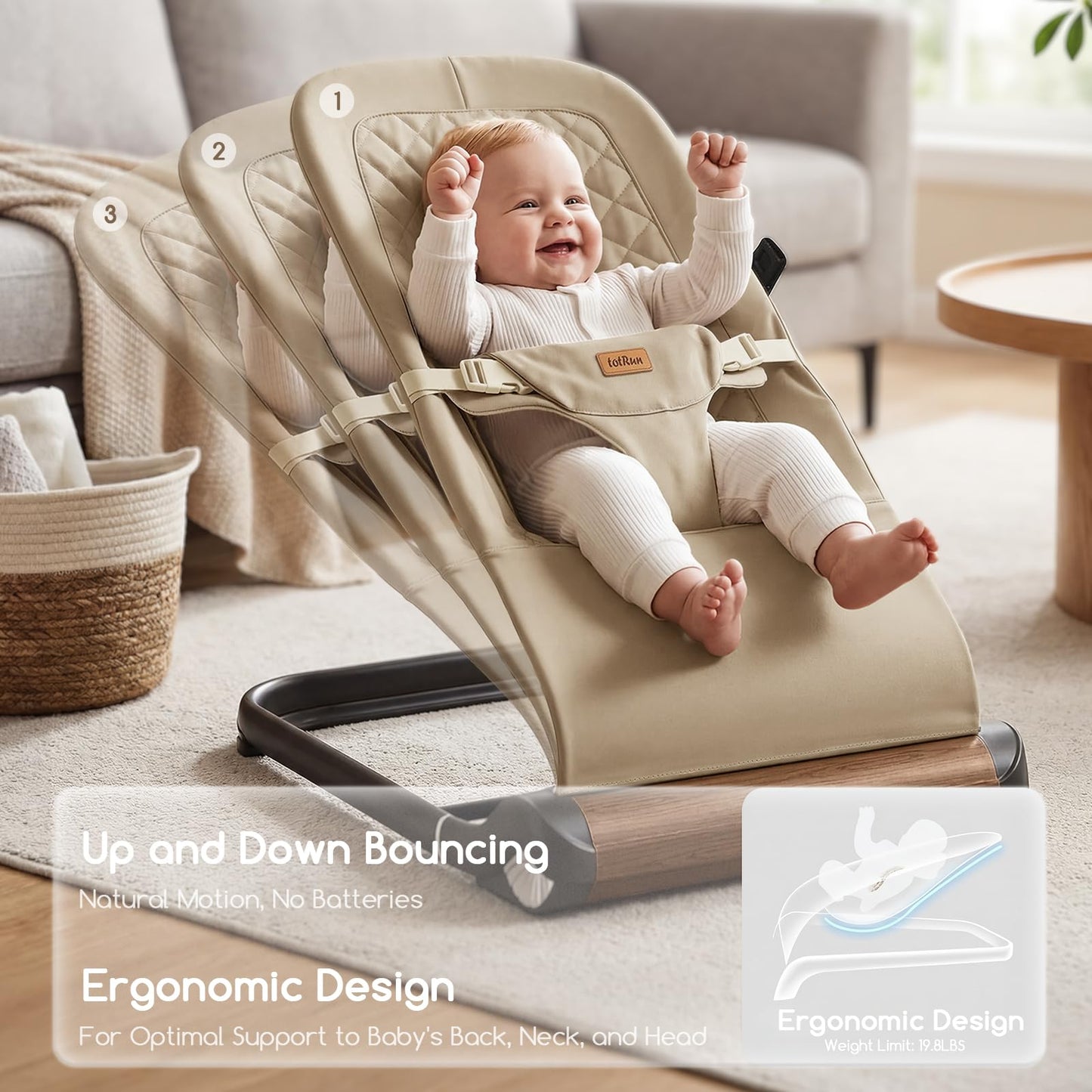 Foldable Baby Bouncer Seat - Portable Infant Bouncer with Adjustable Height, Khaki Polyester