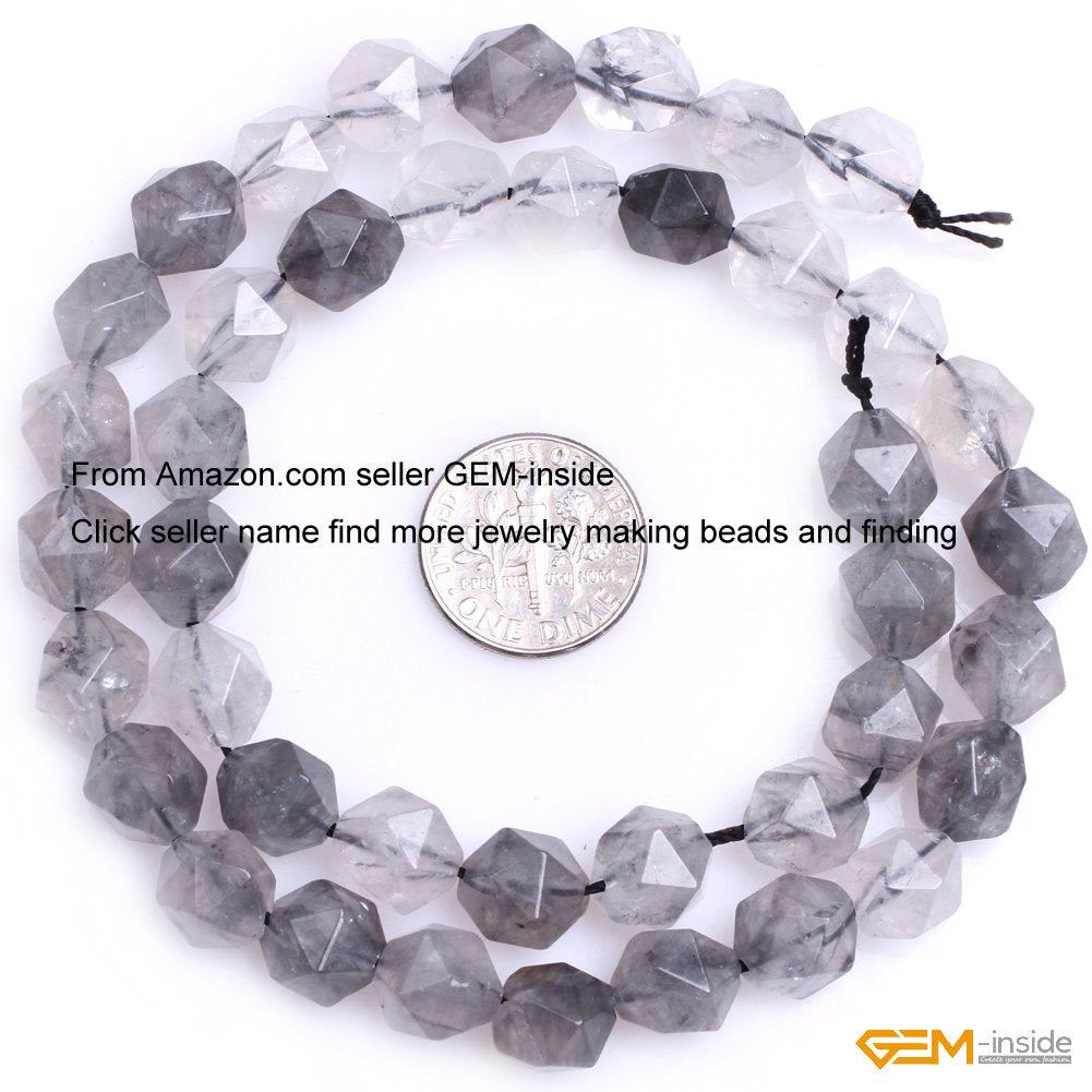 GEM-Inside Grey Cloudy Quartz Gemstone Loose Beads Natural 10mm Faceted Cambay Stone Power for Jewelry Making 15"