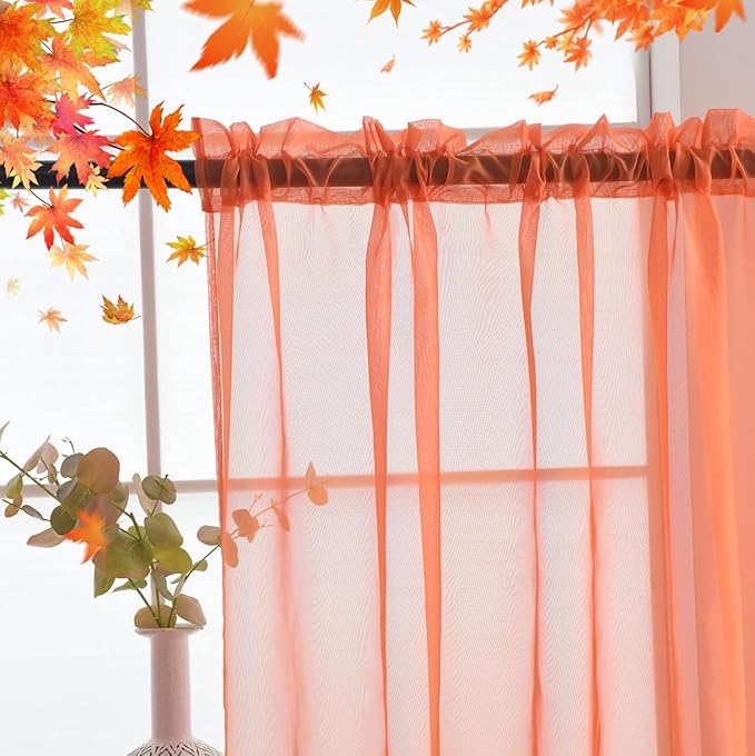 SpaceDresser Basic Rod Pocket Sheer Voile Window Curtain Panels Jaffa Orange 1 Pair 2 Panels 52 Width 90 Inch Long for Kitchen Bedroom Children Living Room Yard(Jaffa Orange,52 W x 90 L)