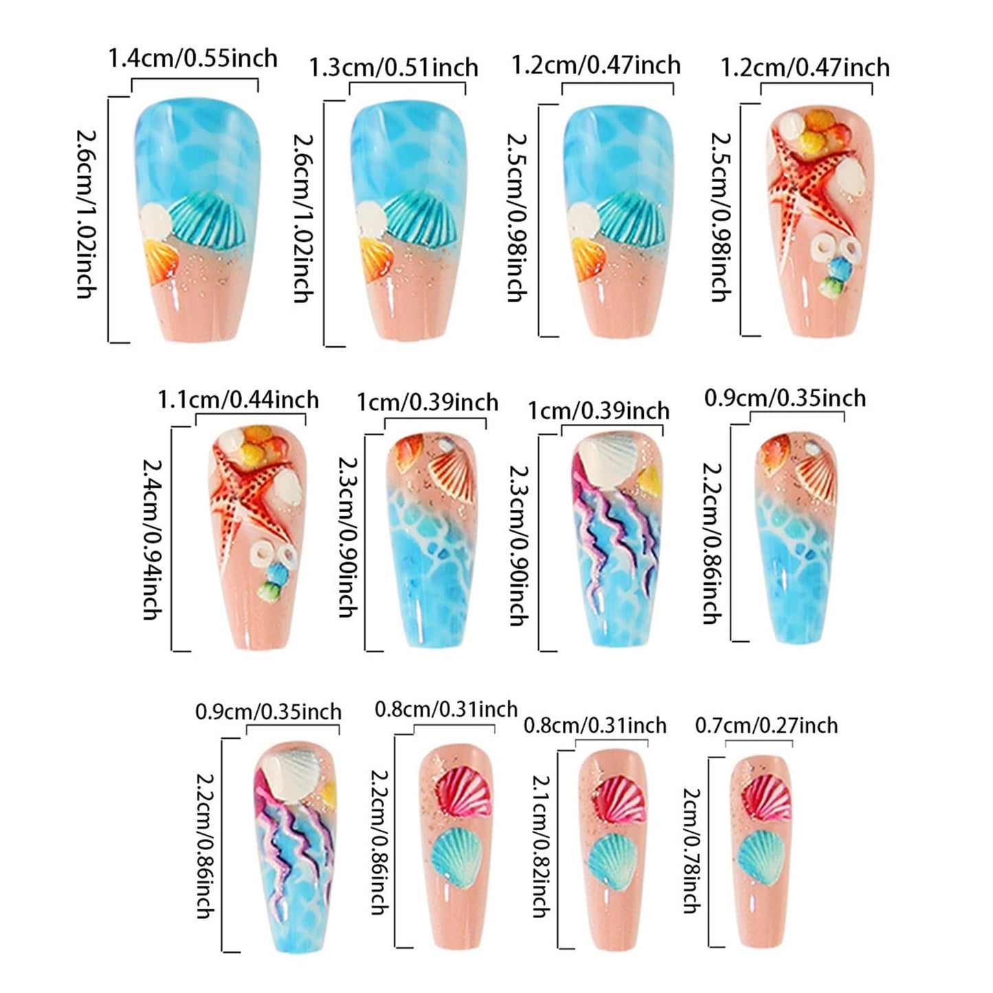 Beach Press on Nails Medium Coffin Fake Nails with Starfish Shell Coral Design Acrylic False Nail Glossy Full Cover Stick on Nail Reusable Artificial Summer Nails for Women Manicure 24Pcs
