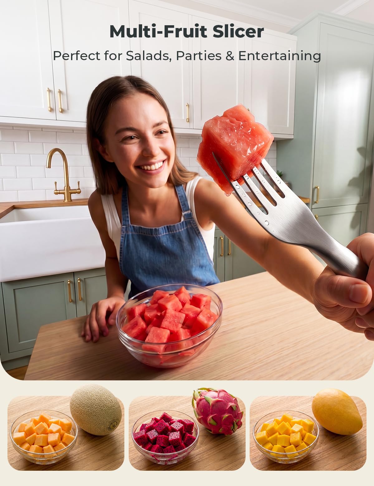 CripsTaste Watermelon Fork Cutter Slicer Tool, 2-in-1 Stainless Steel Fruit Cutter Melon Slicer Cutter Tool, Watermelon Cutting Tool for Home Party Camping Kitchen Gadget