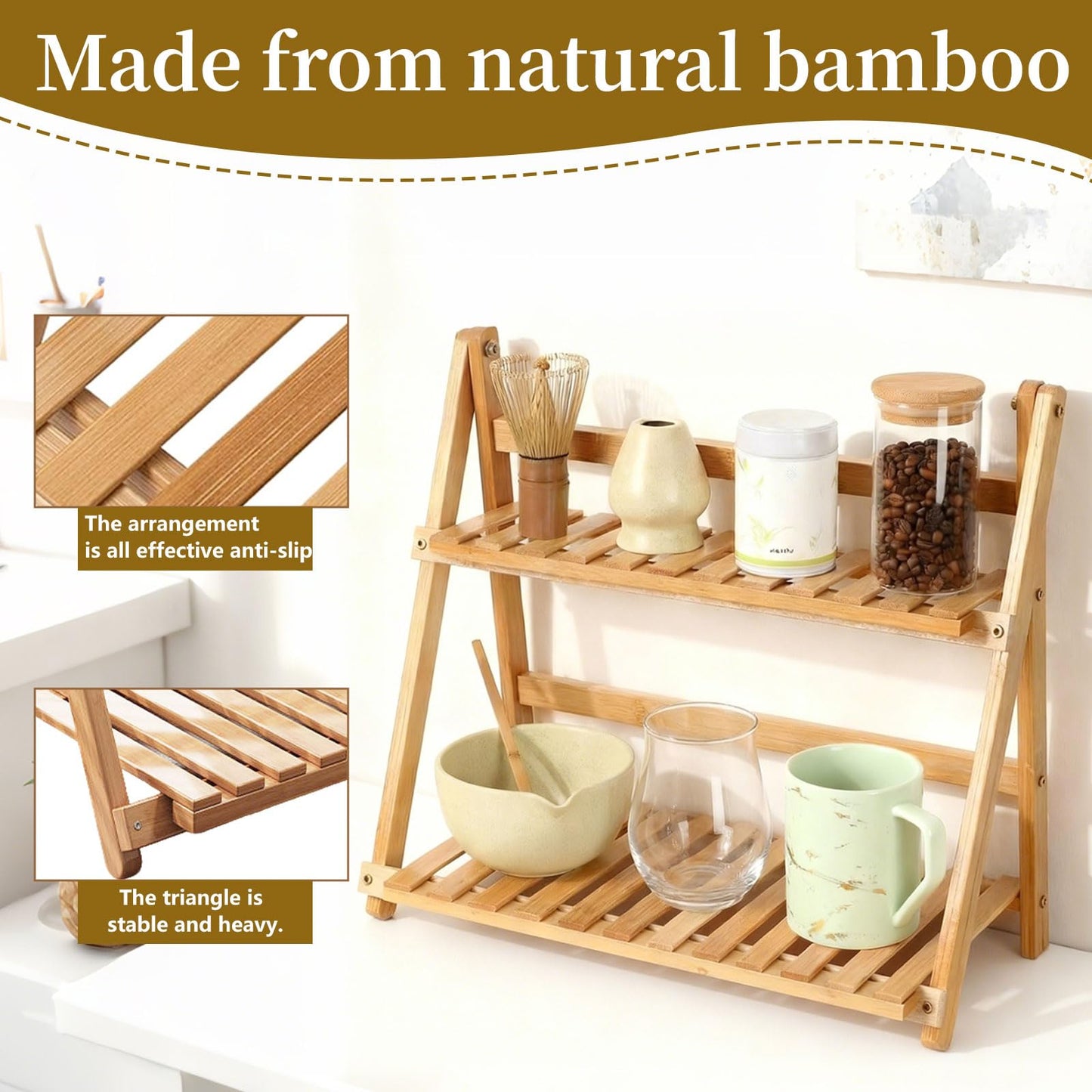 NUOLUTH Matcha Station Organizer Shelf：Bamboo organizer for coffee bar,Matcha Whisk,Small plants,bathroom,11.7" Foldable Countertop Display Rack for Kitchen,Window Sill&Living Room 2 Tier