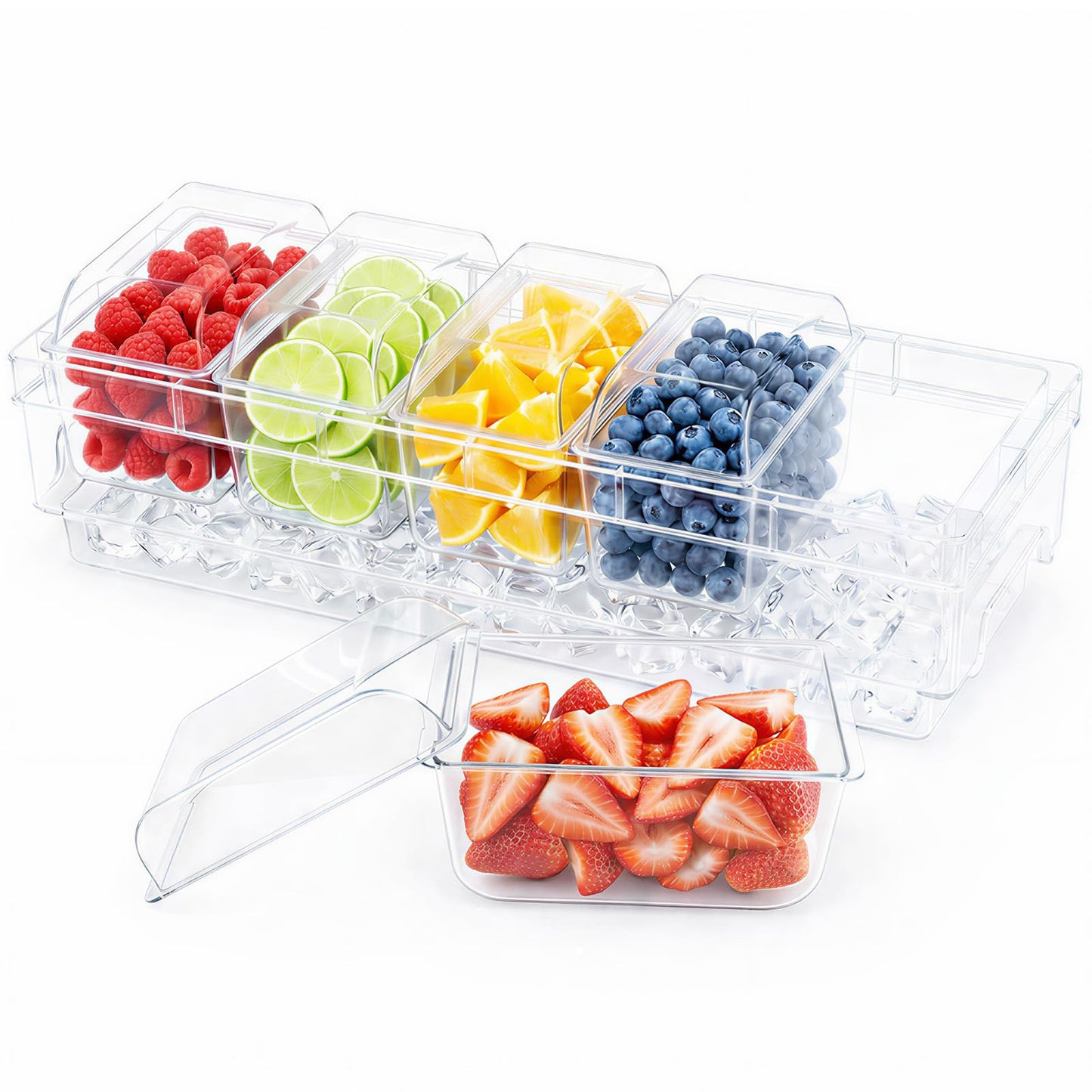 Lifewit Chilled Condiment Containers with Lids, Plastic Taco Bar Serving Set for Party with 5 Containers, Ice Garnish Tray for Mimosa Bar Supplies, Clear Serving Platter for Fruit, Salad, Snack