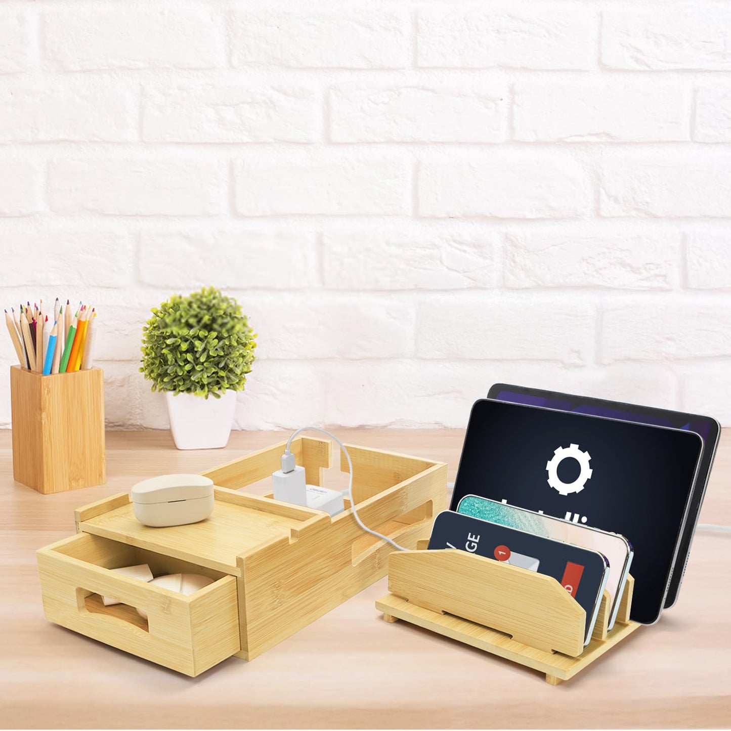 ZOOFOX Bamboo Charging Station for Multiple Devices, Desk Docking Station with Removable Divider Slots and Drawer, Bedside Charging Station Compatible with Smartphone, Tablet, Laptop, Earphone
