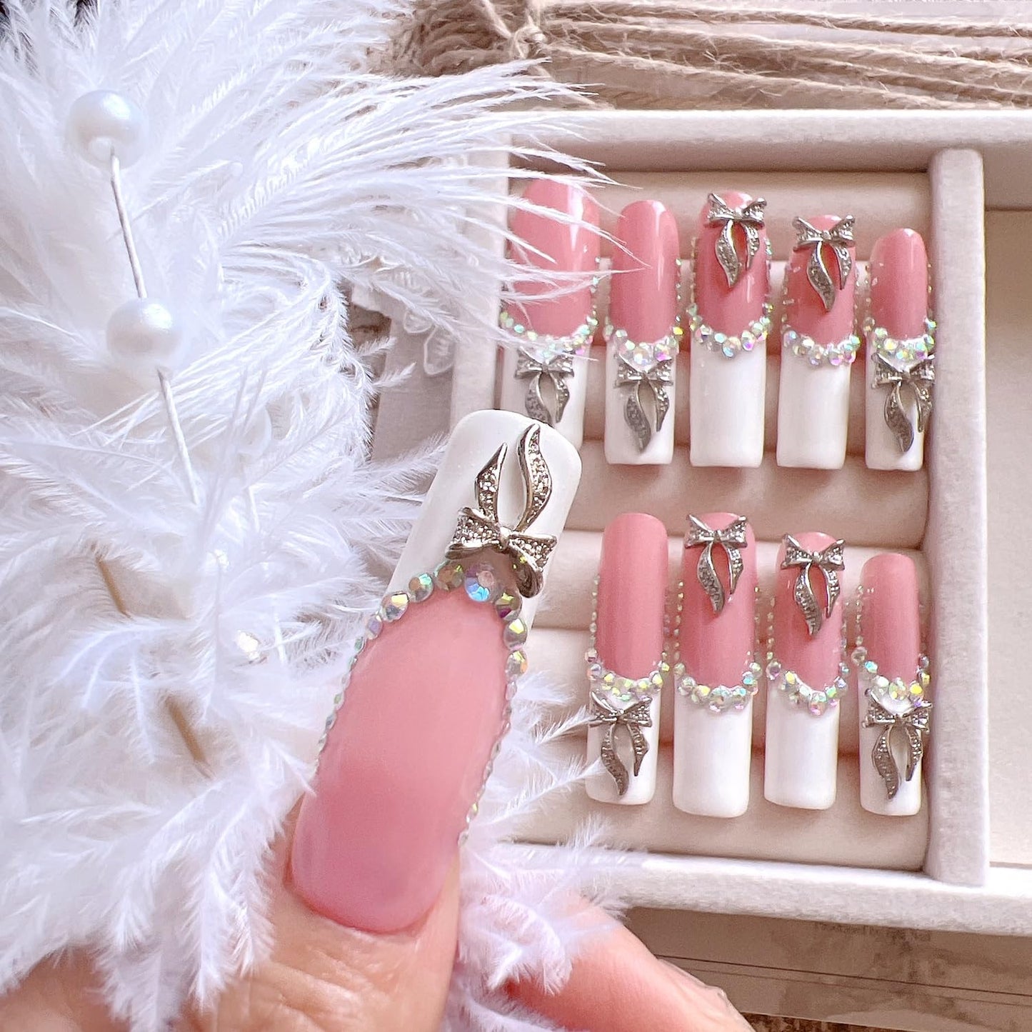 NAIL ANGEL 10PCS/SET Glamorous Handmade Press on nails Glitter Rhinestone with Metal 3D Bow Charms Long Coffin Nails Party Nails XXL Long Artifical Tips ZJ-08 (Multi-Color, ZJ-08-S)