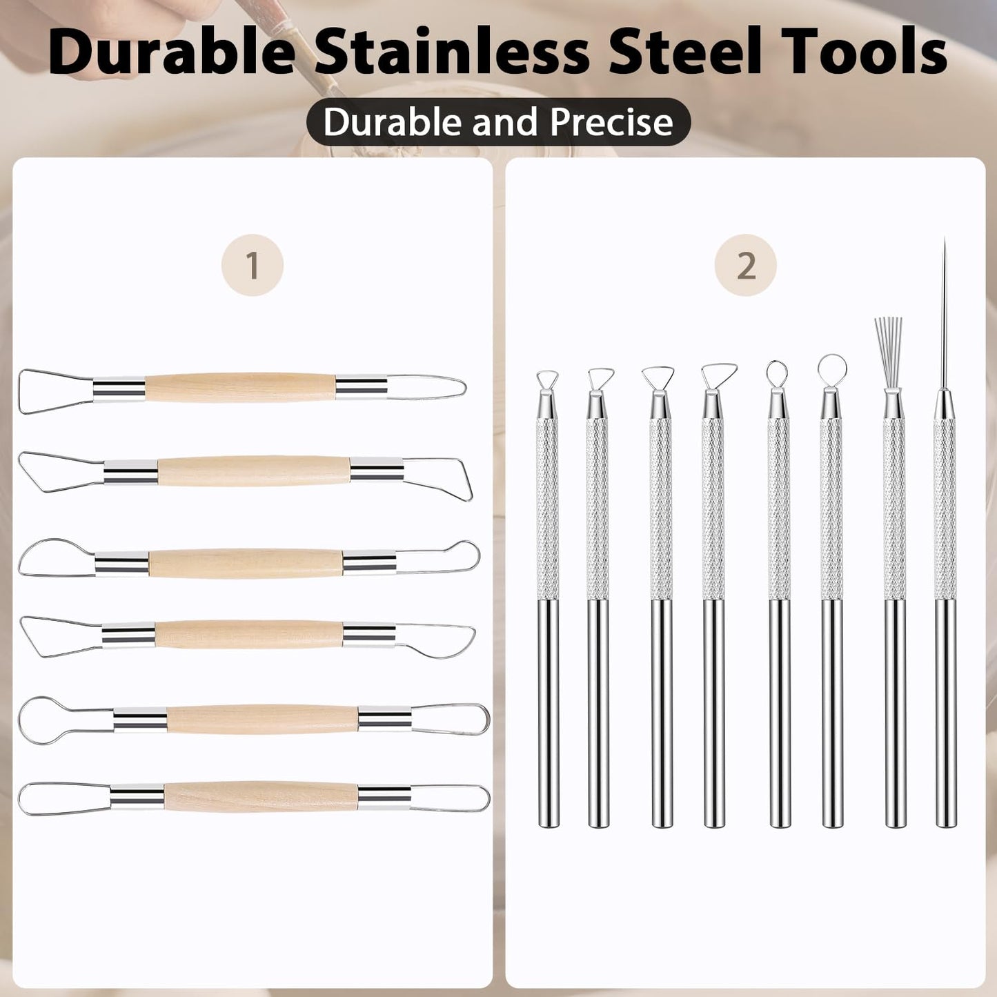 Tovotum 14PCS Ceramic Pottery Clay Ribbon Sculpting Tool Set with Feather Wire Texture and Needle Detail Tools for Carving Modeling