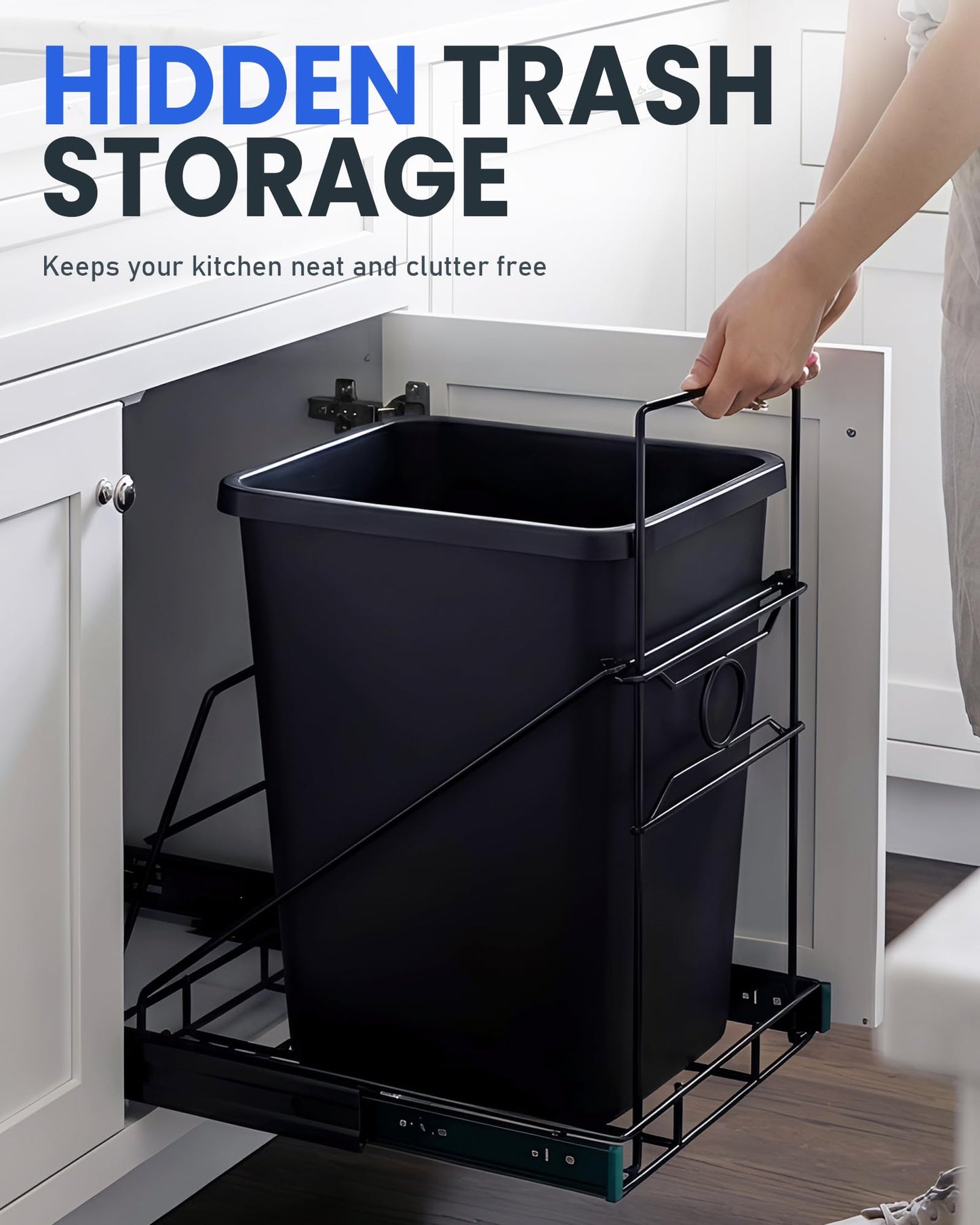 SOCONT Pull Out Trash Can Under Cabinet Adjustable Trash Can Holder for 7 to 11 Gallon Bin Bottom Mount Slide Out Trash Rack for Narrow Cabinets(Black, No Bin Included)
