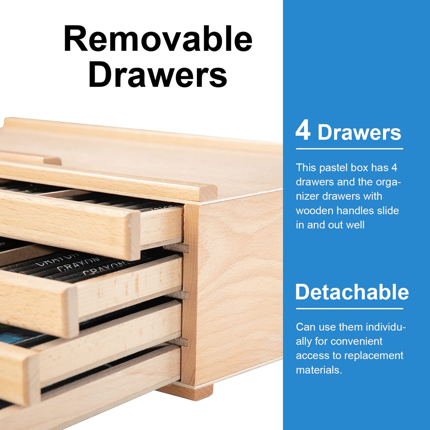 Falling in Art Wooden Pastel Storage Box, Artist Supply Storage Box With 4 Removable Drawer, Portable Organizer Box for Pencils, Markers, Brushes and Painting Tools