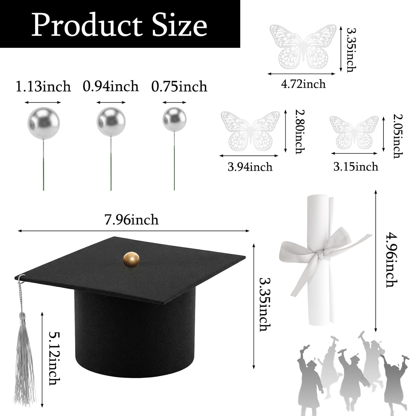 Heliltd 40PCS Graduation Cake Topper Set Black and Silver, Graduation Cake Decorations Kit with Cap Diploma Butterfly Ball Picks Flowers Firework Toppers Girl Silhouette for Class of 2026 Party