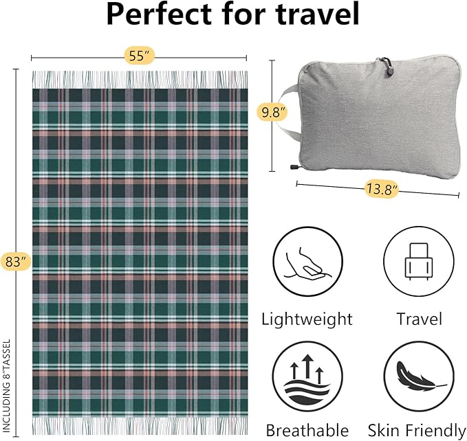 Throw Blanket Plaid with Carry Bag | Soft Wool Travel Blanket 55"x83" 1.5lbs | Classic Green Plaid Decorative Throw for Couch, Camping & Gift