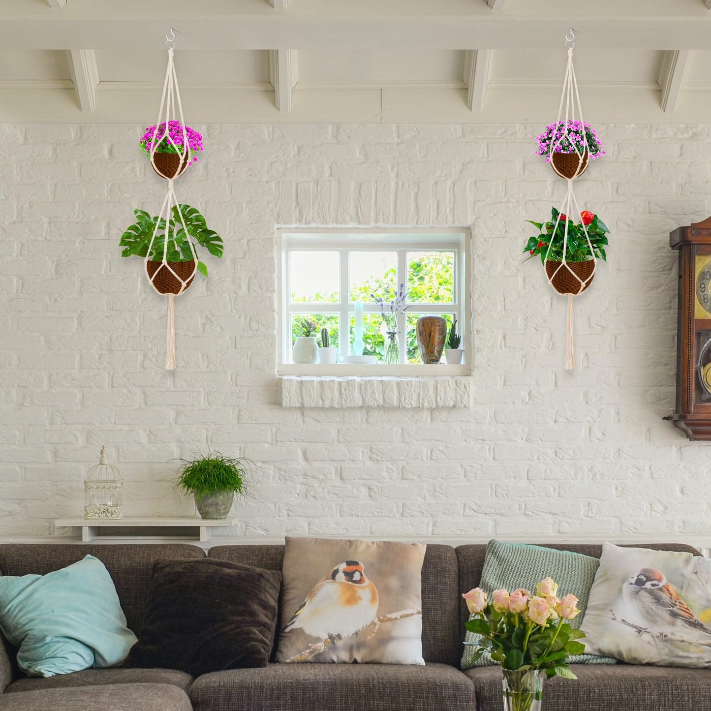 SNAIL GARDEN 2 Tier Macrame Plant Hanger, 2Pack Double Plant Hangers with Tassel Indoor Outdoor Hanging Planter Basket Handmade Cotton Rope Hanging Planters Set with 2Pcs Hooks for Boho Home Decor