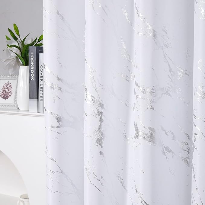 Taisier Home Silver Foil Print Linen Textured Curtains - Geometric Marble Pattern Design for Living Room - Light Filtering Window Treatment, 2 Panels, 95" L, White and Silver