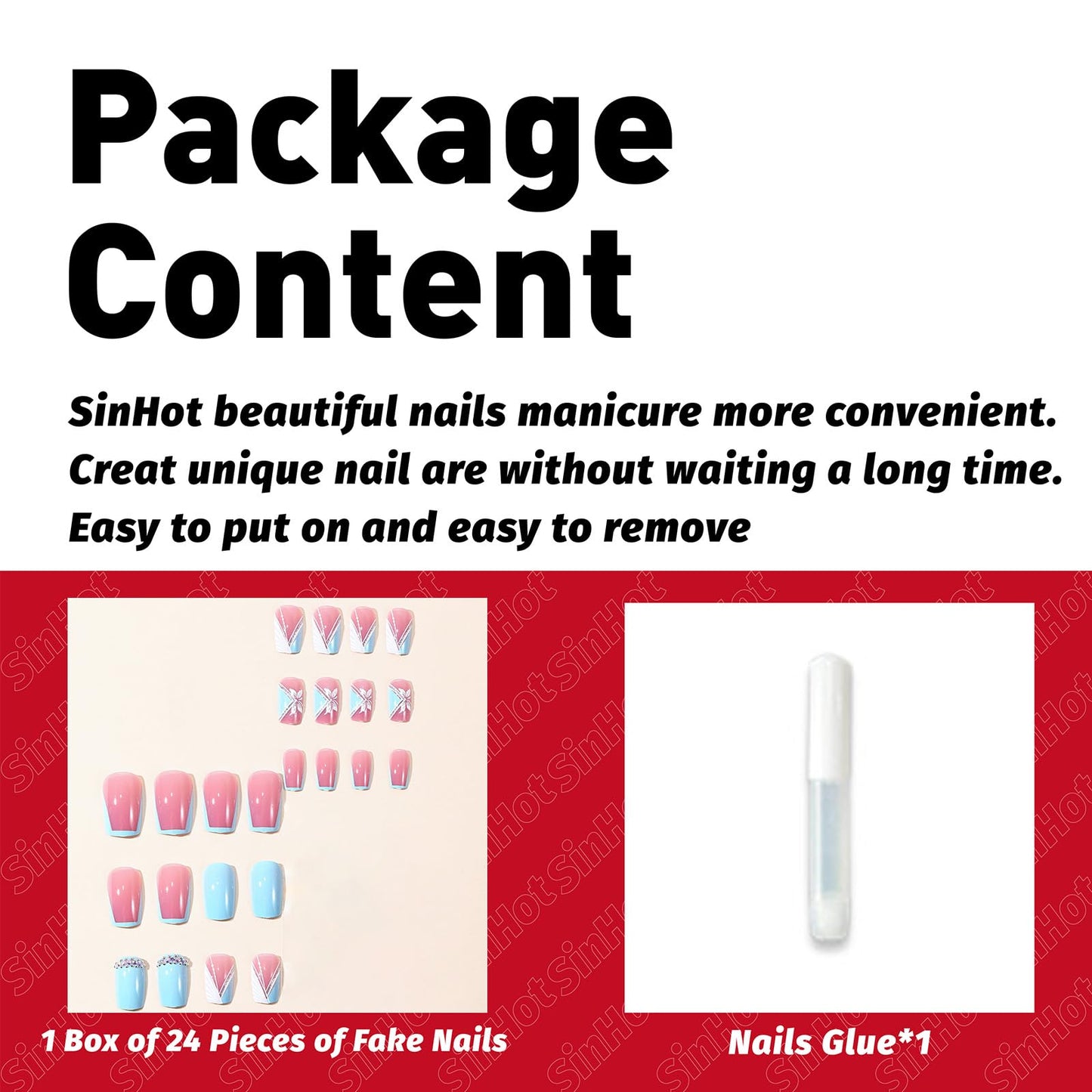 SINHOT Square Press on Nails - Short Fake Nails, Glossy Finish, White Butterfly & Rhinestones, DIY Artificial False Nail Art - 24 Pcs Nail Kit with Glue