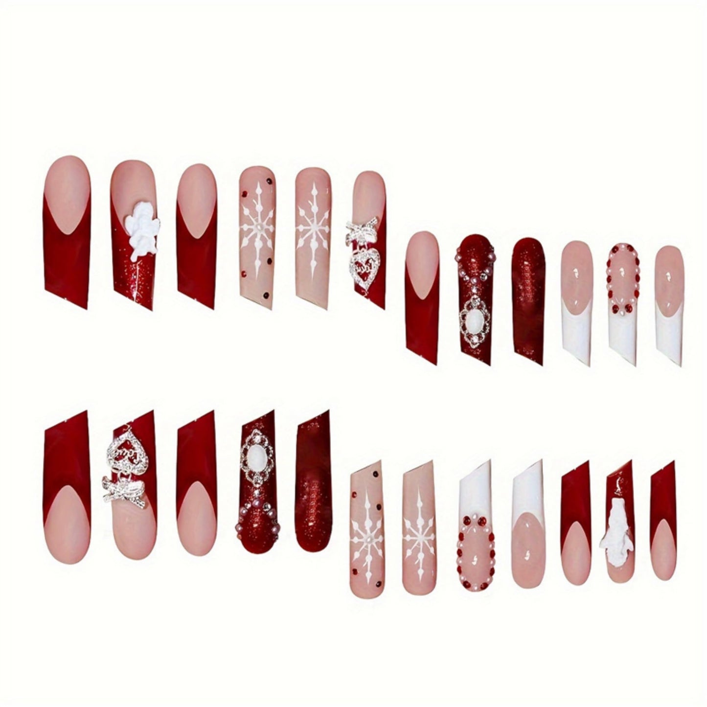 Valentines Long Press on Nails Square Fake Nails SEENEEY Special Square Artificial Nail Red and White Pearl Designs Rhinestones Stick on Nail for Women 24pcs