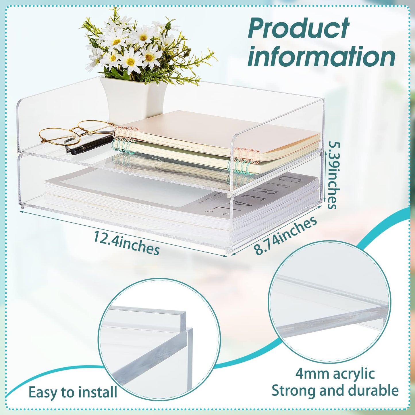 Yulejo 2 Pcs Stackable Acrylic Desk Organizers Paper Tray Storage Tier Accessories Paper File Office Organizer Tray Stackable Document Clear Desk Accessories for Office Workspace Organization