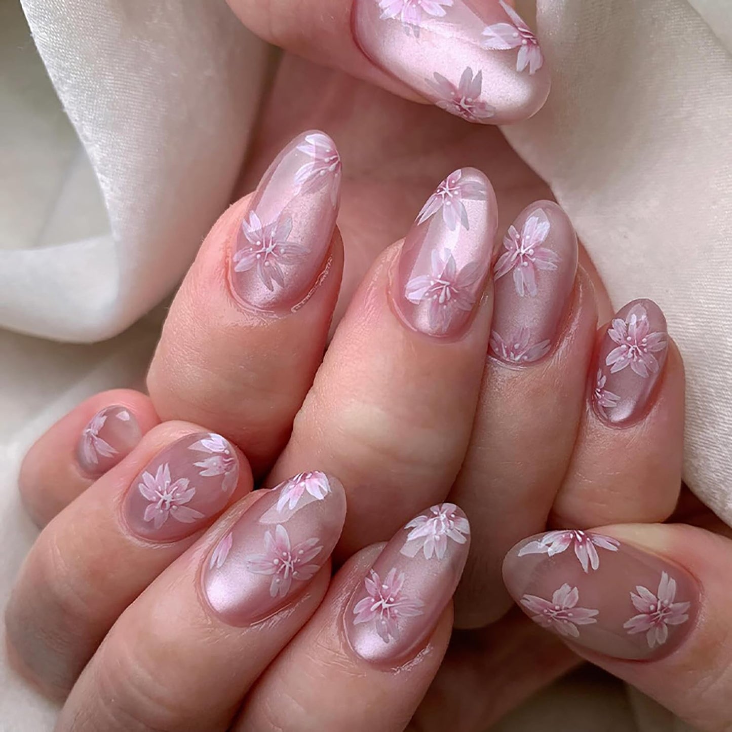 TBRZTR Flower Press on Nails Oval Shaped Medium Pink Floral Pattern Design False Nail Full Cover Glossy Artificial Stick on Nail Acrylic Press Ons Glue on Nails for Women 24Pcs