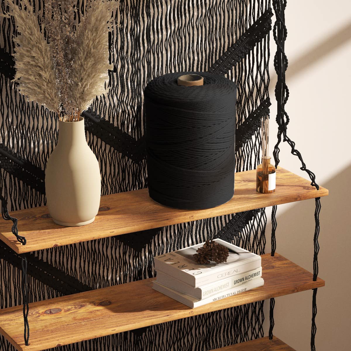 Macrame Cotton Cord 3mm x 547yds, ZUEXT Natural Handmade Black Braided Cords 4 Strands Knitted Rope String for Craft Wall Hanging Weaving Tapestry Dream Catchers Hanger DIY Gift (500m)