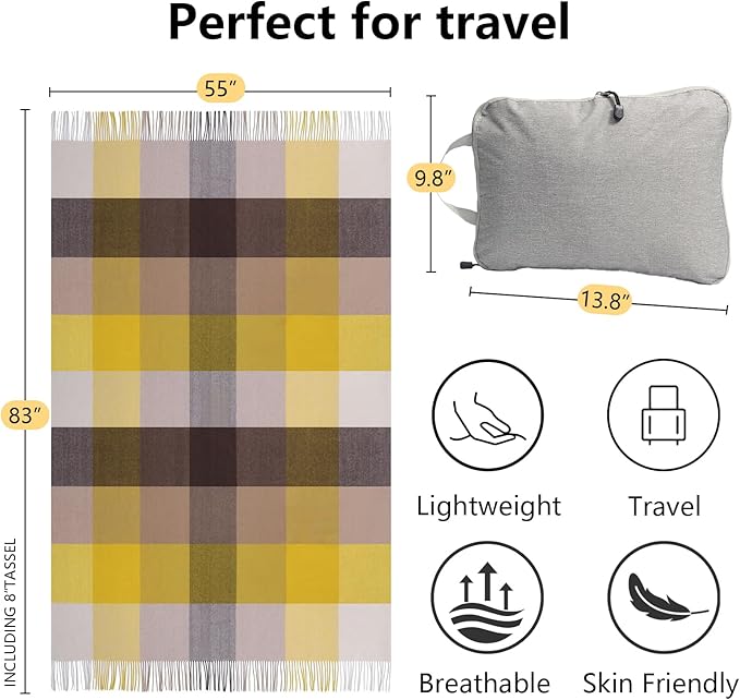 Throw Blanket Plaid with Carry Bag | Soft Wool Travel Blanket 55"x83" 2lbs | Golden Brown & Beige Plaid Decorative Throw for Couch, Camping & Gift
