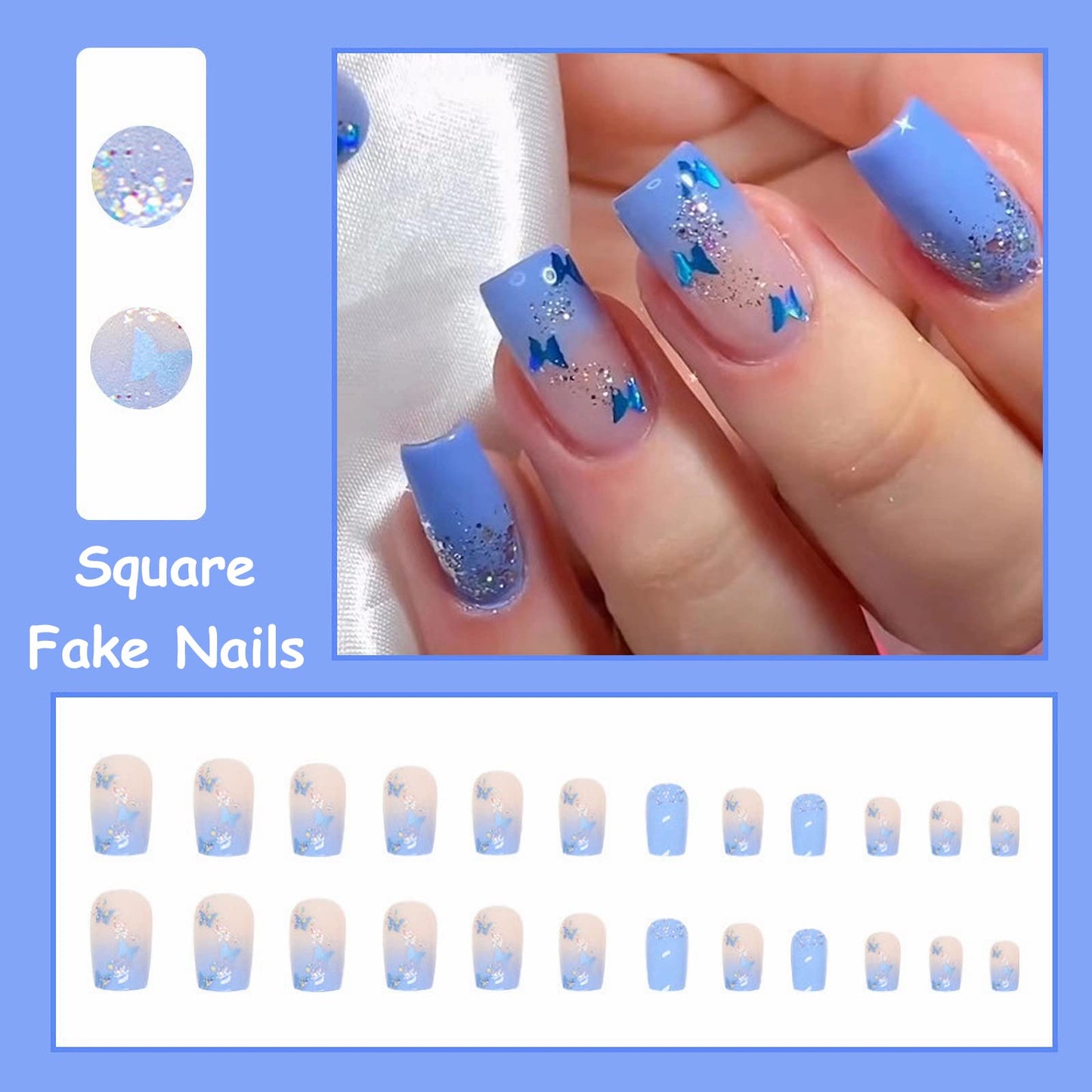 MISUD Press on Nails - Short Square Glue on Nails with Summer Blue, Acrylic Spring Butterfly Design 24 pcs