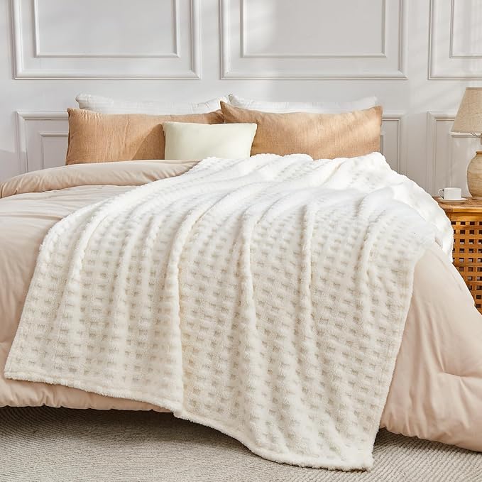 NEWCOSPLAY Super Soft Throw Blanket Ivory Premium Silky Flannel Fleece 3D Waffle Checkered Lightweight Bed Blanket All Season Use (Ivory, Throw(50"x70"))