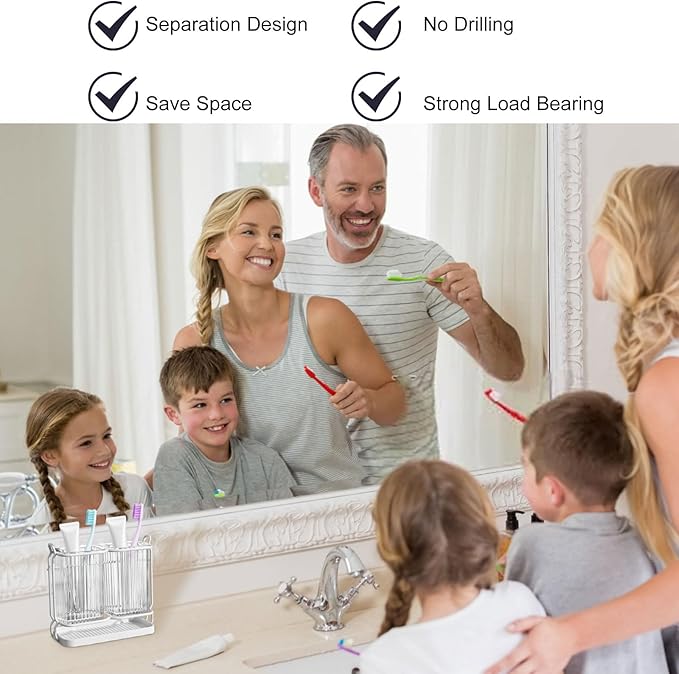 Toothbrush Holders for Bathrooms, 2 Cups Toothbrush Holders Wall Mounted, Dry & Wet Separation, Bathroom Organizers and Storage, Bathroom Toothbrush Holder Set for Family Kids (White)