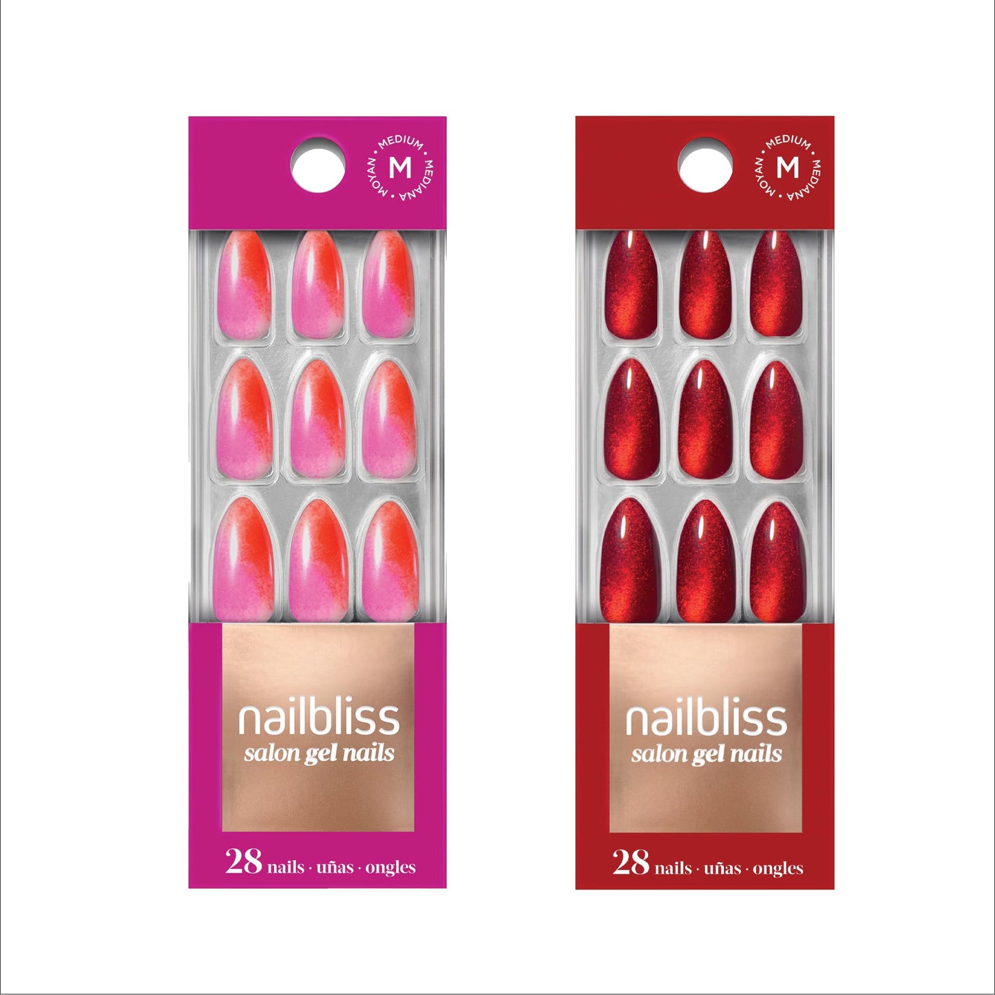 Dashing Diva Nailbliss Gel Manicure Bundle - Ruby Sunset Collection - Salon Quality, Easy to Apply and Chip Resistant - Contains 2 Sets of 28 Medium Length, Almond Shaped, Glue On Gel Nails