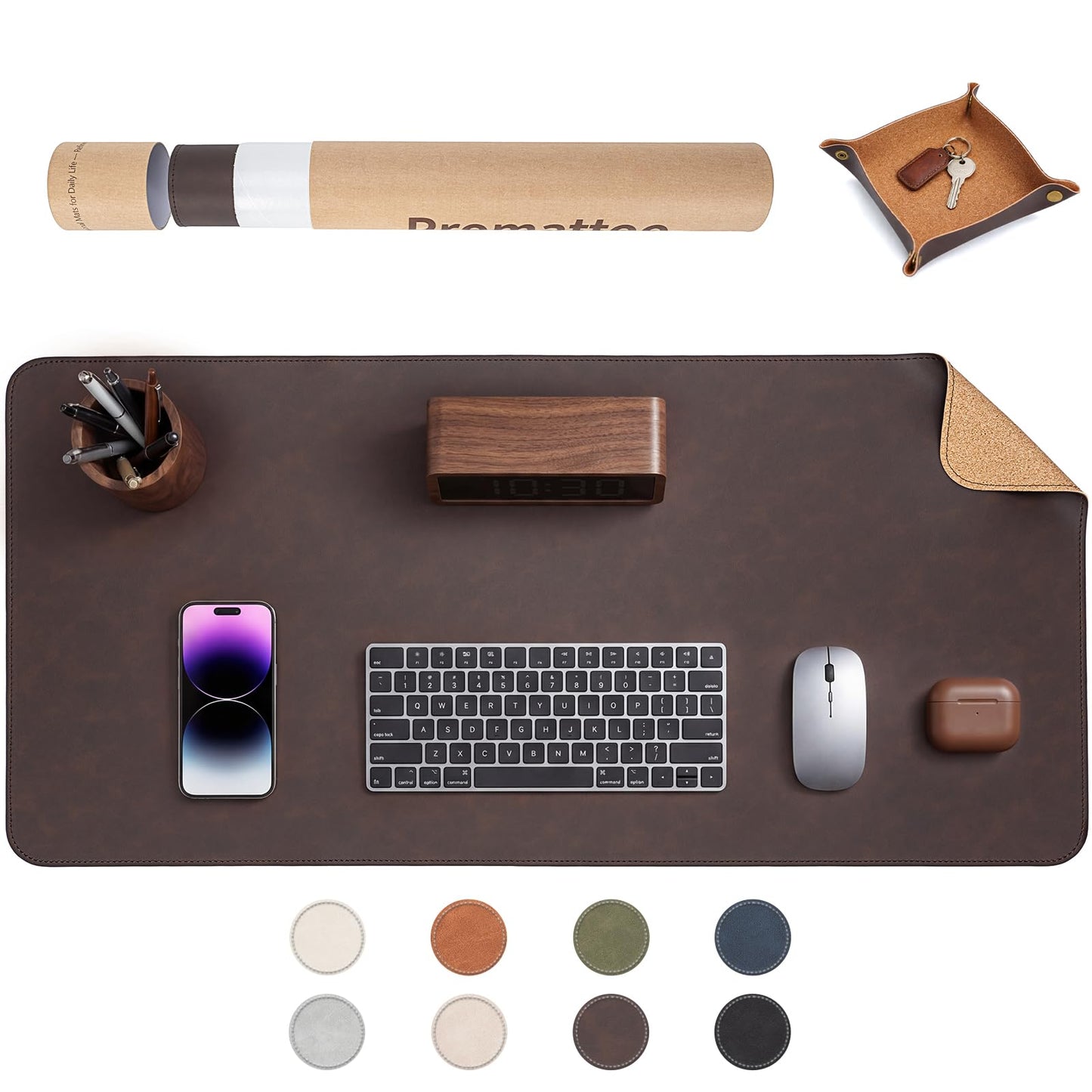 Premium Faux Leather Desk Mat & Tray Set，Innovative Cork-Look Printed Base，Gift Tube Packaging，Full-Desk Coverage，Non-Slip Desk Pad for Office Home（Espresso Brown）