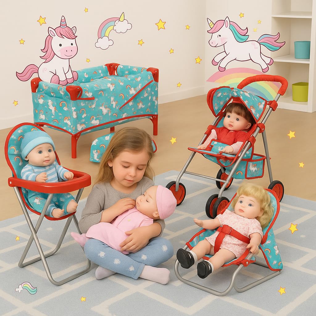 Fash n kolor® 4 Piece Doll Play Set, Doll Accessories Gift, Toy Set -Unicorn Design Includes, Doll Foldable Bed, Doll Stroller, Doll High Chair and Doll Seat, Dolls Gift Set (4 Piece Set)