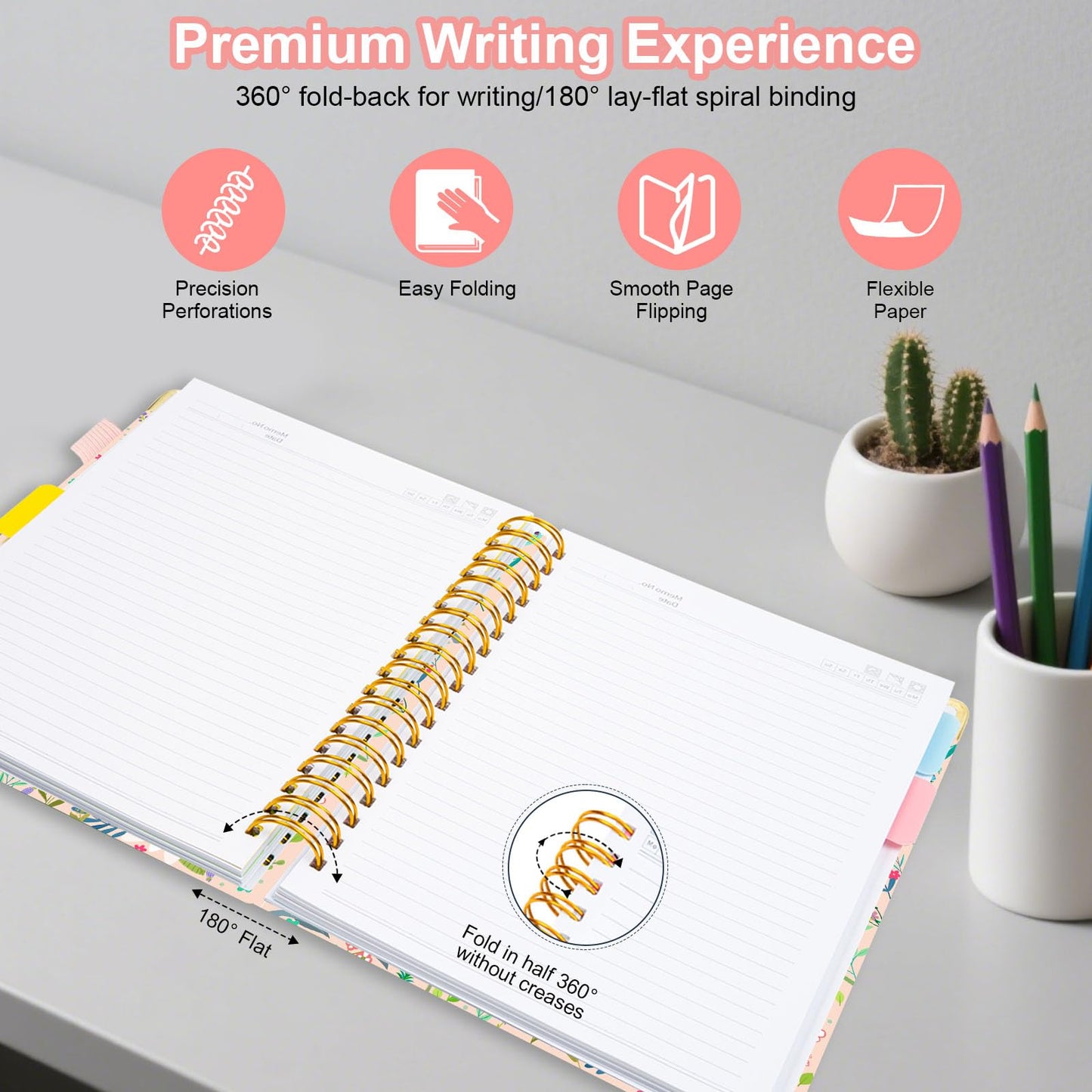 Spiral Journal Notebooks for Work, 300 Pages 5 Subject Notebook College Ruled with Dividers & Tabs, 8''x 10'' Large Notebook Journal for Women Students Note-Taking and Organizer (Beige Bloom)