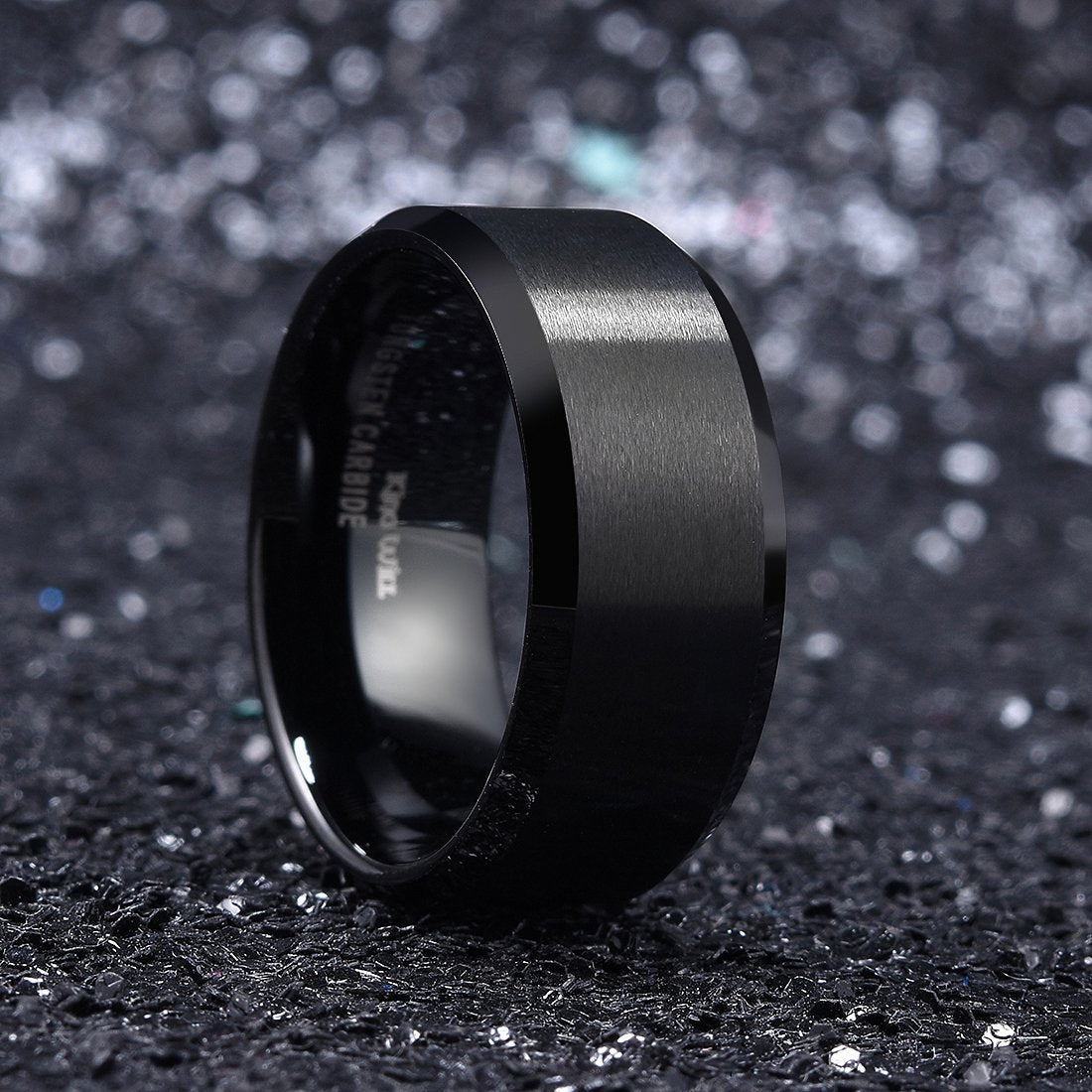 King Will 10mm Men's Black Wedding Ring - Brushed Matte Surface, Beveled Polished Edge, Comfort Fit Size 10