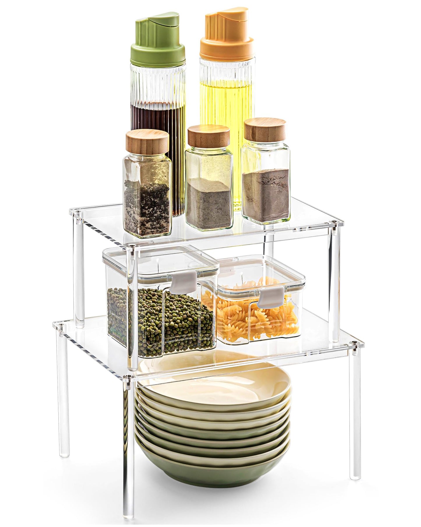 Bobomoment Acrylic Cabinet Organizer, Set of 2 Shelf Organizer, Spice Rack Organizer for Cabinet, Desk Countertop Organizer, Stackable Shelves for Pantry Kitchen Storage and Organization