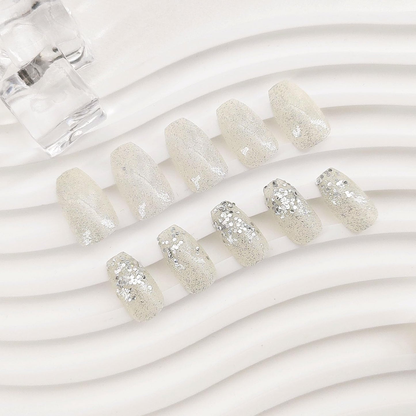White Press on Nails Short Coffin Fake Nails Silver Glitter and Sequins Designs Glue on Nails Glossy Full Cover Acrylic Nails Simple and Natural Stick on Nails for Women 24 Pcs