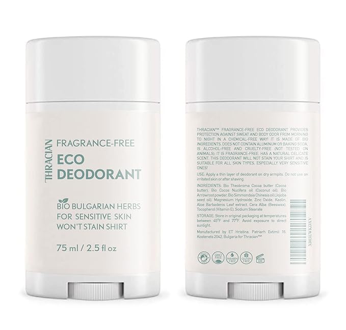 Thracian™ Fragrance-free Eco Deodorant with Zinc Oxide, for Sensitive Skin, Aluminum-Free, Baking Soda-Free, Alcohol-Free, No Added Fragrance, 2.5 Fl Oz (Pack of 2)