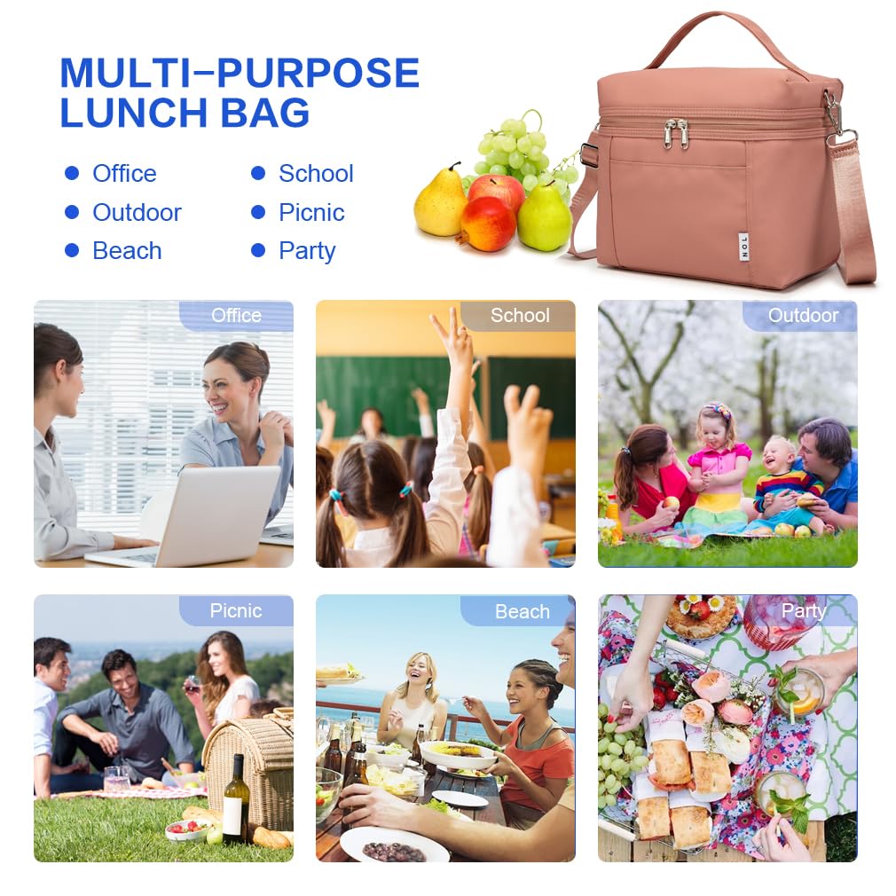 NOL Natural Organic Lifestyle Insulated Lunch Bags for Women Cooler Bag Lightweight Nylon Waterproof Lunch Box For Work (Dark Pink, Medium(normal))