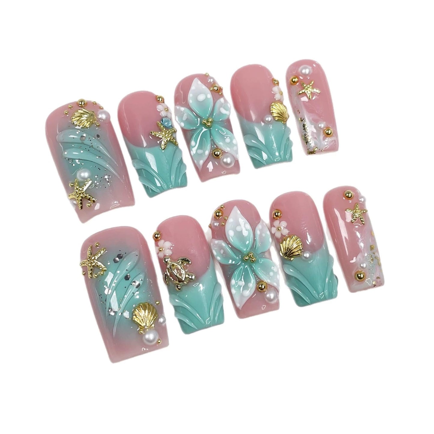 Luxury Handmade Press on Nails Medium Square Fake Nails Blue French False Nails with Ombre 3D Flower Art Design Acrylic Nails Handmade Stick on Nail for Women Manicure 10Pcs (Size M)